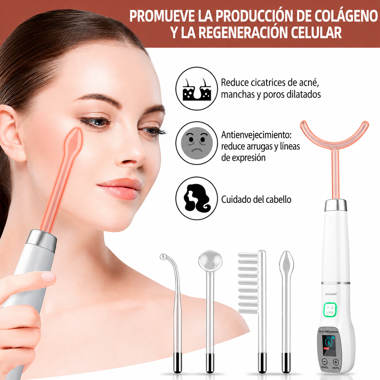 Alta Frecuencia™ dispositivo 7 en 1 Profesional. Trata acné,arrugas, manchas, cicatrices y estimula crecimiento del cabello.